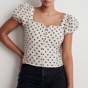 NWT Embroidered Organza Polka Dot Puff-Sleeve Top